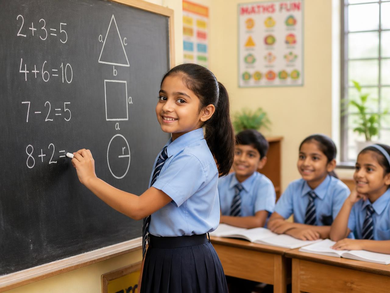 School girl solving maths problems on a blackboard while classmates watch