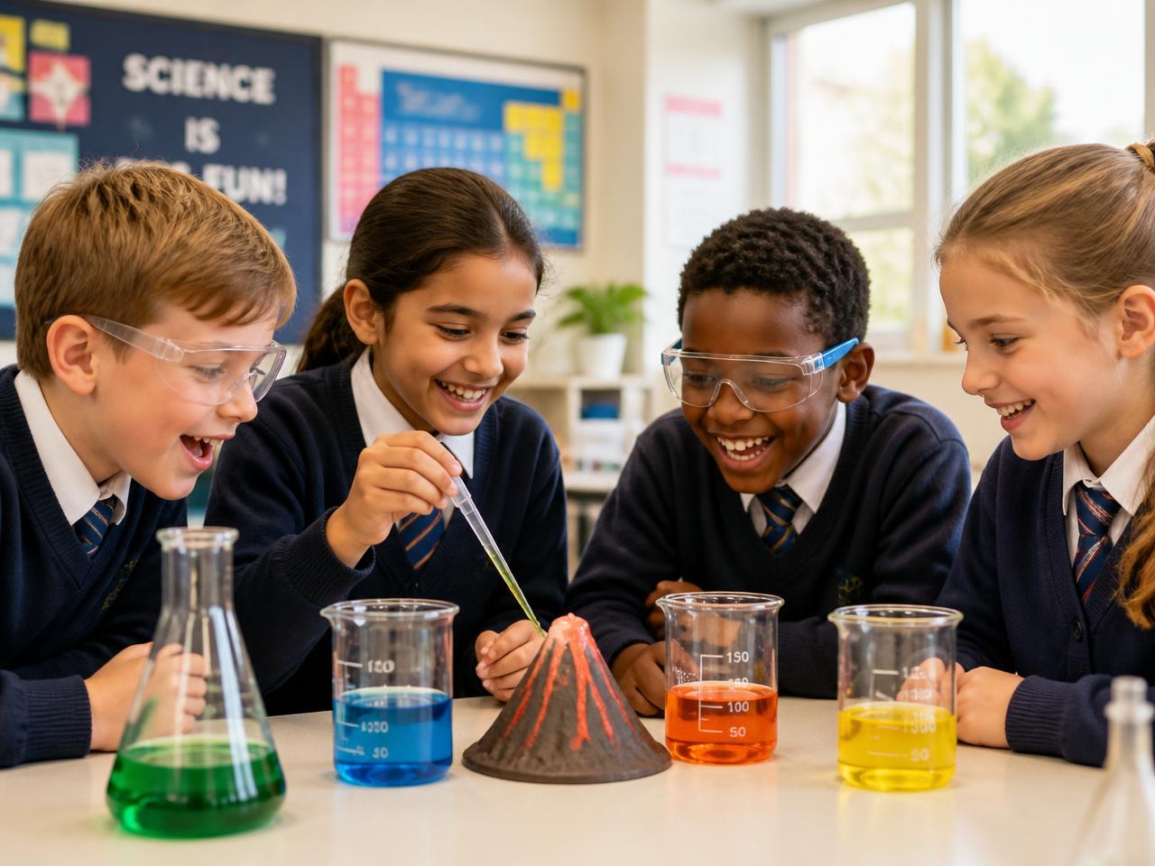 Children doing a colourful science experiment with beakers in a classroom lab